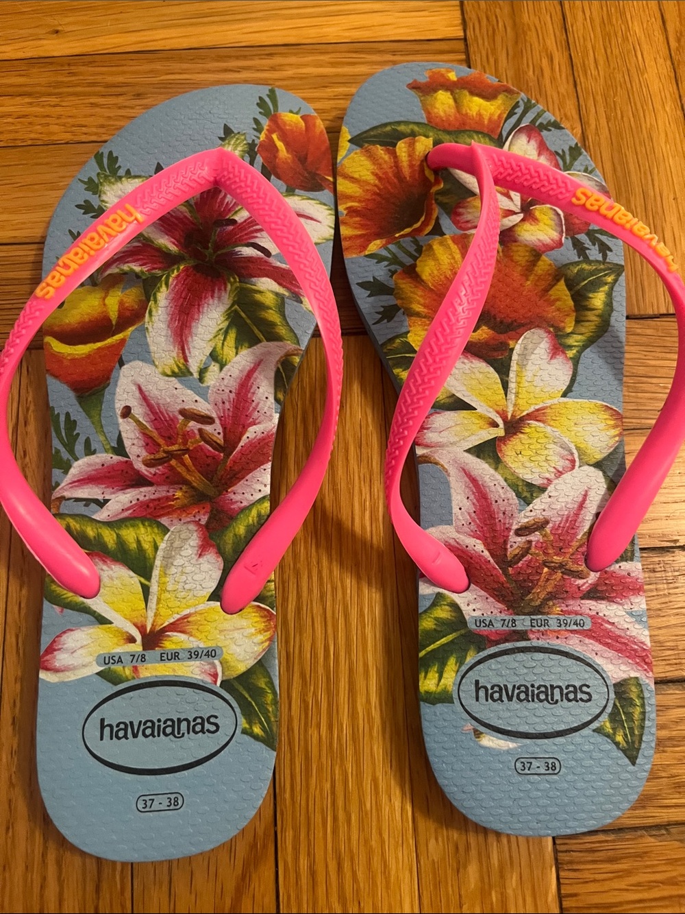 Havaianas Blue Floral Flip Flops with Pink Straps